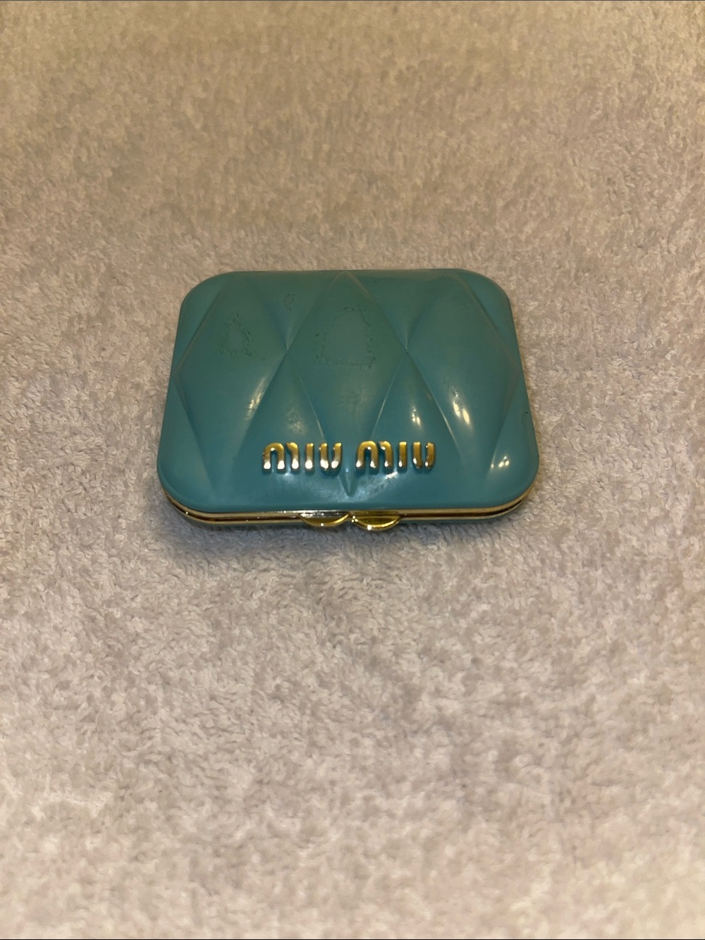Miu Miu Quilted Small Wallet in Turquoise Blue with Gold Hardware